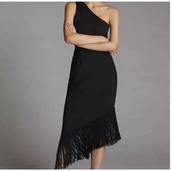 Anthropologie Dresses & Skirts - New Anthropologie HutchNWT Fringed Fringe One-Shoulder Midi Dress Black Size S
